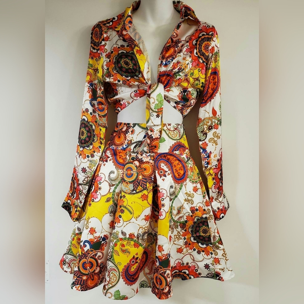 2 Pc 70s Barbie Satin Paisley Skirt and Shirt Set